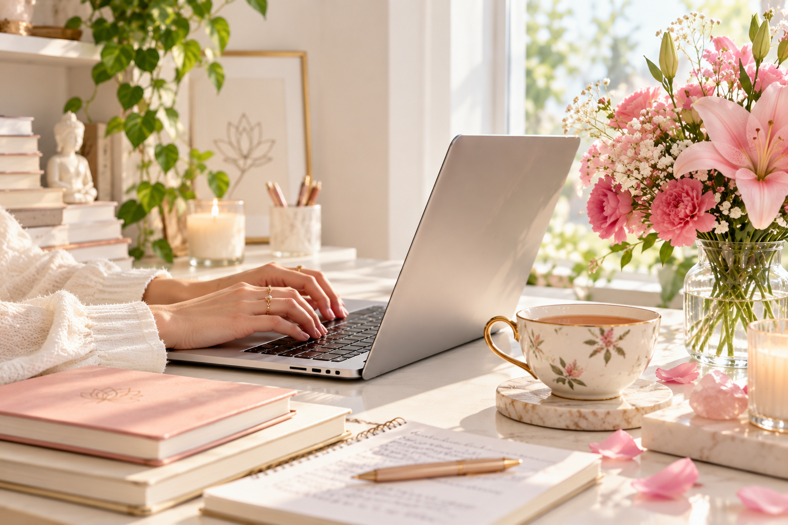 A sunlit workspace with a laptop, flowers, books and tea